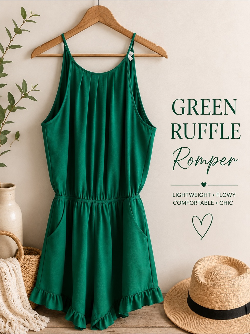 TCEC Emerald Green Open Back Romper Size Large Flowy Ruffle Hem Beachy Vacation